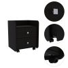 Modern and easy-to- install black bedside Nightstand with lower wheels for easy mobility, 2 drawers with 2 metal handles to open the storage and curve