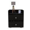 Modern and easy-to- install black bedside Nightstand with lower wheels for easy mobility, 2 drawers with 2 metal handles to open the storage and curve